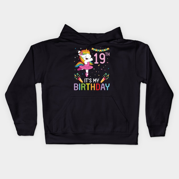 Happy Unicorn Dancing Congratulating 19th Time It's My Birthday 19 Years Old Born In 2002 Kids Hoodie by bakhanh123